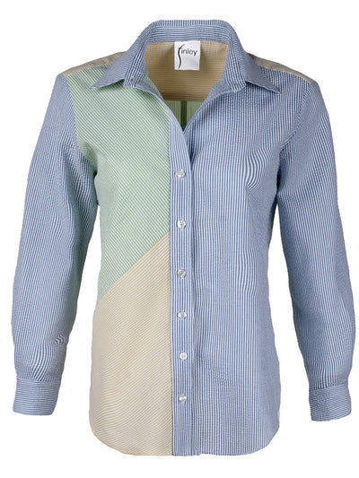 Topanga Shirt Colorblock Seersucker Stripe: Green/Yellow/Blue