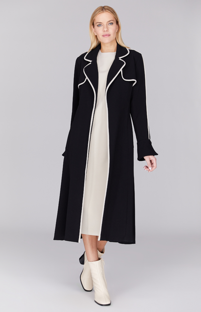 Trench Coat w/Contrast Bias in Black and Stone