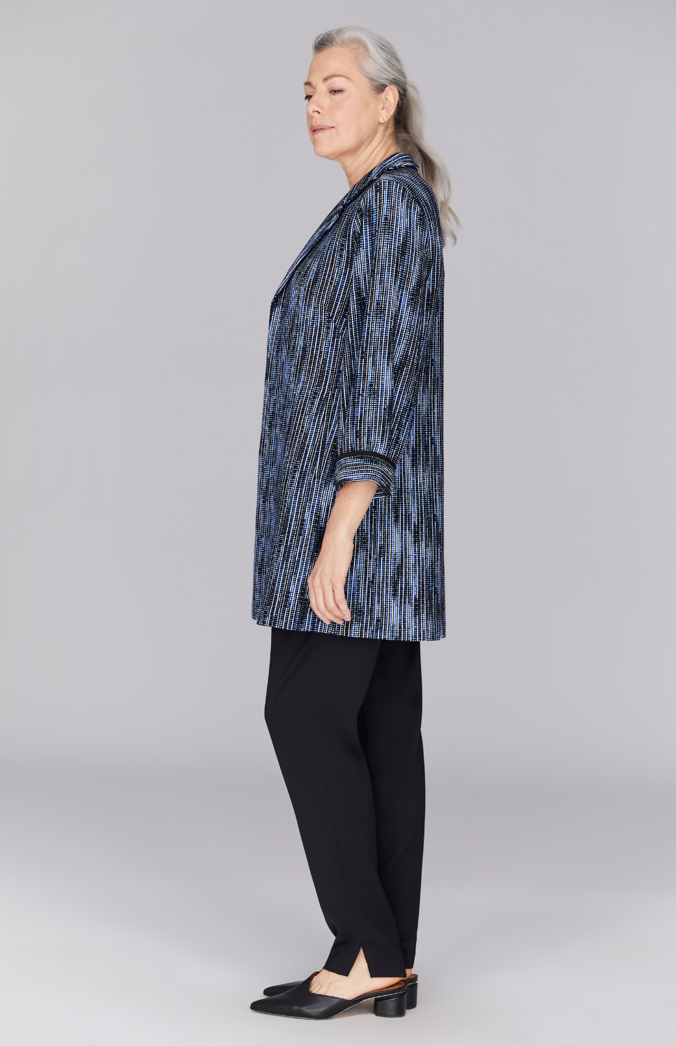 Lurex Knit Tweed Long Blazer w/ Contrast Trim