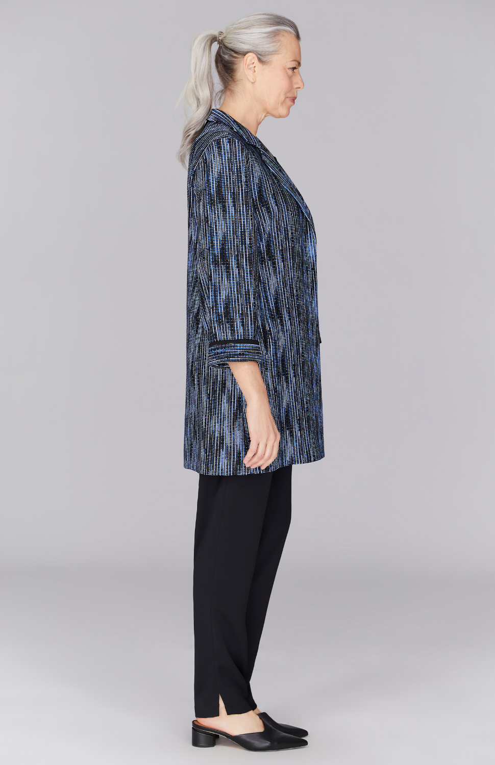 Lurex Knit Tweed Long Blazer w/ Contrast Trim