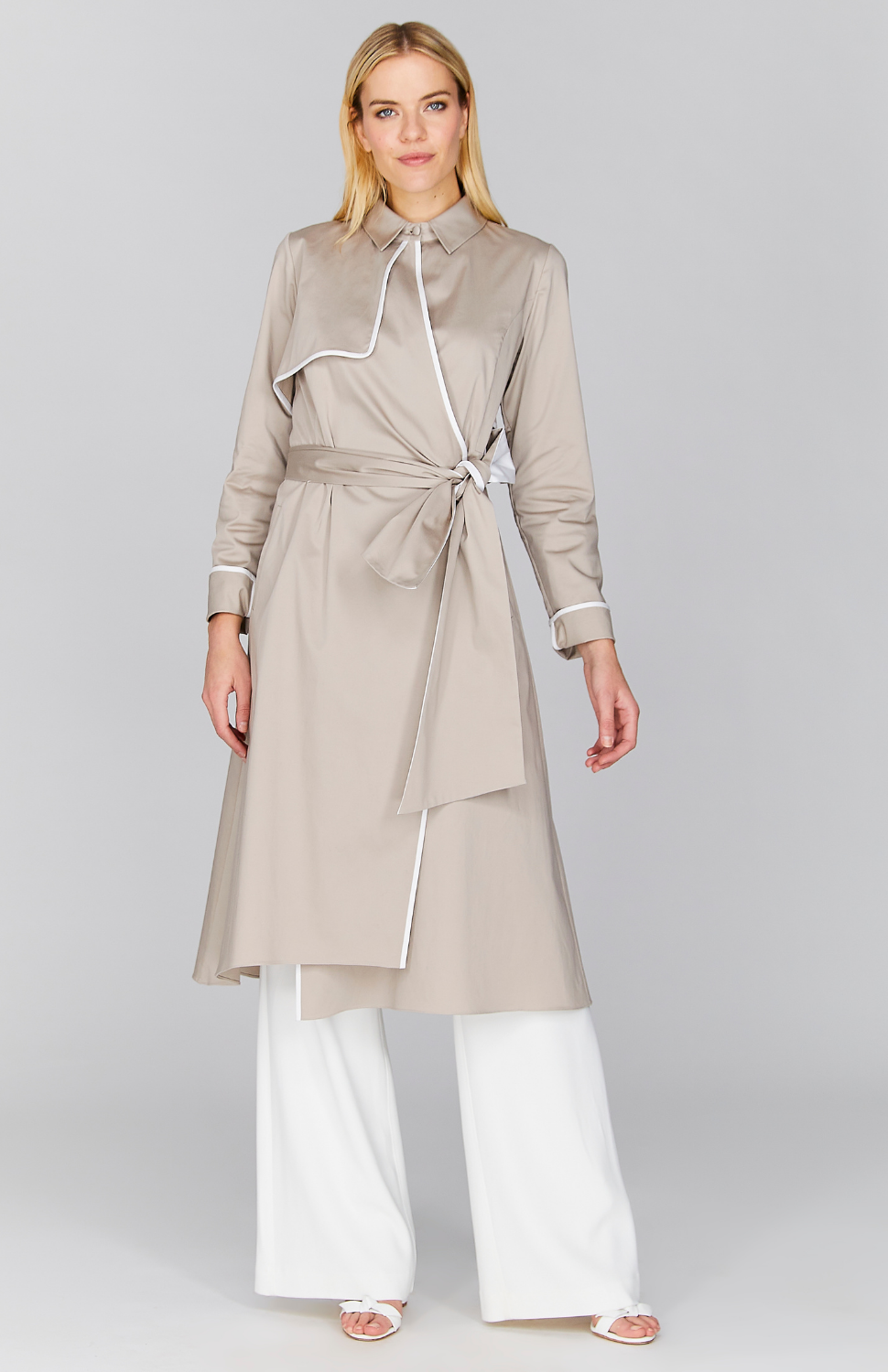 Stretch Cotton Belted Trench w/ Contrast Bias