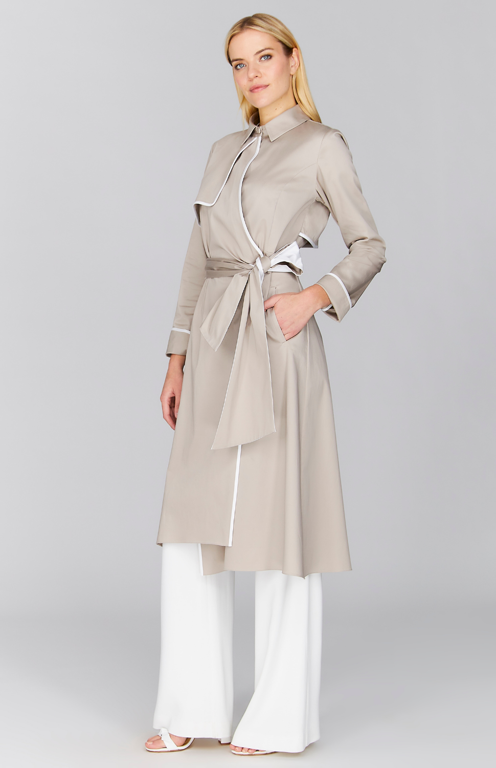 Stretch Cotton Belted Trench w/ Contrast Bias